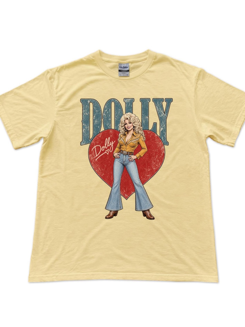 Gildan Dolly Parton Graphic T Shirt Yellow Haze Retro Country Western Tee